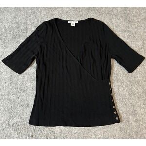 White House Black Market Black Ribbed Faux Wrap Button Top Women's XL